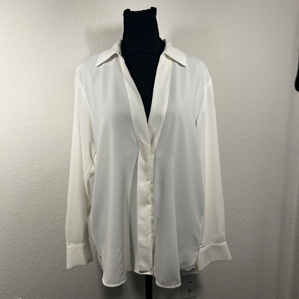 Zara Top Womens Blouse XL White Hidden Button Fly Front Long Sleeve Satin Trim